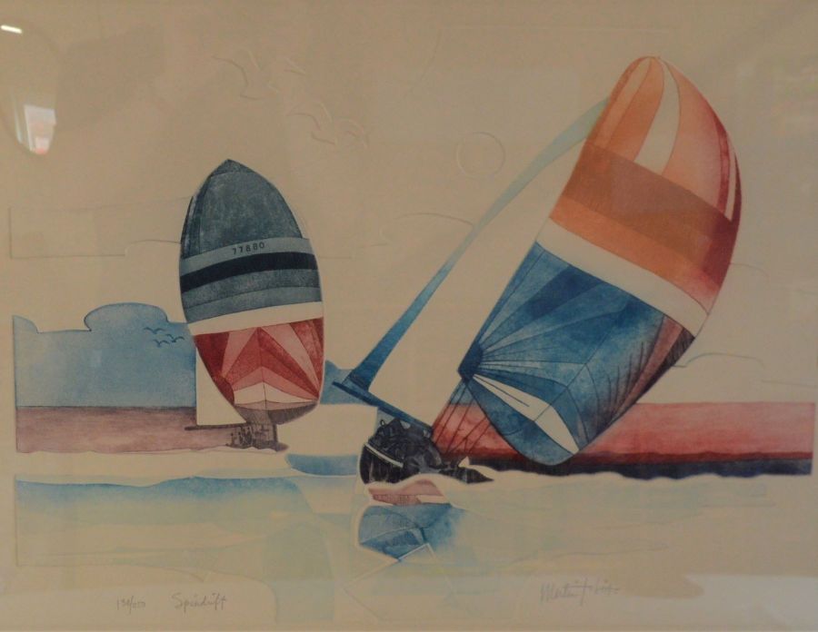 Limited edition 134/250 embossed etching 'Spindrift' by Martin Tobias of sailing yachts at sea frame