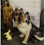 2 ceramic Alsatians (1 damaged), small Sylvac yellow bunny & 2 resin Oriental figures