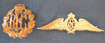 Royal Flying Corps 9ct gold sweetheart brooch 8.3g & a RFC cap badge