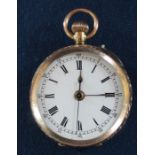 Continental 14k gold open face top wind fob watch with enamel face & engine tuned case (missing