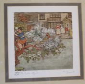 Signed artists proof inscribed  "The Cock Fight"  etching with aquatint by Juliet de Gaye '80