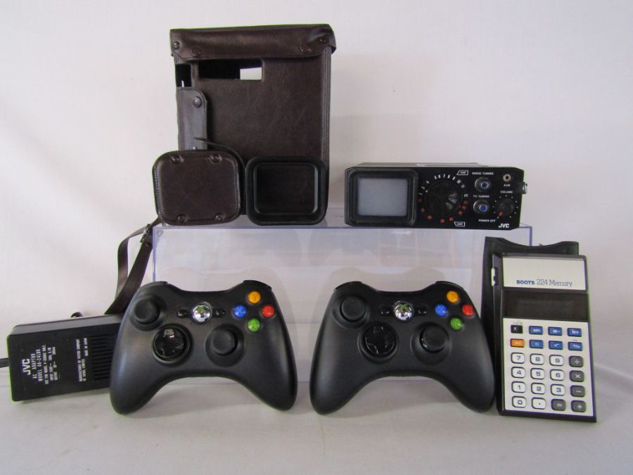2 X-Box 360 wireless controllers, Boots 224 memory calculator and JVC P-100UKC vintage portable TV