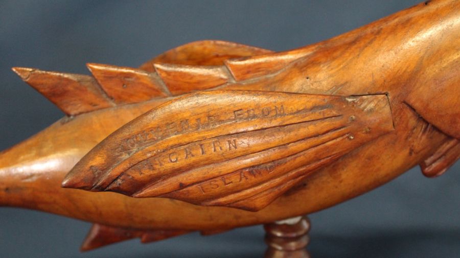 Pitcairn Island carved hard wood fish, one fin stamped "Souvenir from Pitcairn Island" (some damage) - Image 5 of 8