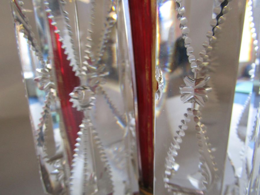 Pair of overlay cranberry lustres approx. 31cm high - gilding is worn in places, some chips to drops - Image 15 of 17