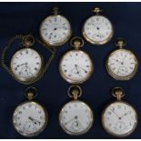 8 gold plated top wind open face pocket watches including Waltham