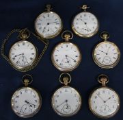 8 gold plated top wind open face pocket watches including Waltham