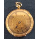 18k gold Continental open face fob watch with engine turned dial and case - numbers slightly faded