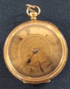 18k gold Continental open face fob watch with engine turned dial and case - numbers slightly faded