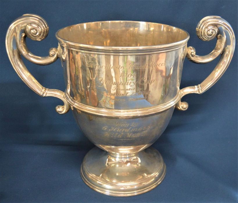 Large silver cup 'Brocklesby Hunt Races Cup Awarded in 1904......... to G Hurdman's Wildman II'