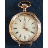 Continental gold open face top wind fob / wrist watch marked 0.585, with floral decoration to back