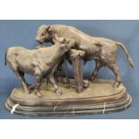Bronze group of a cow meeting a bull at a fence on marble base after Pierre-Jules Mene 50cm wide x