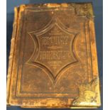 19th century leather bound Illustrated National Family Bible with the Family Register filled in