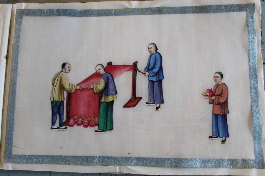 Late 19th / early 20th century album of Chinese paintings on rice paper depicting the silk making - Image 8 of 23