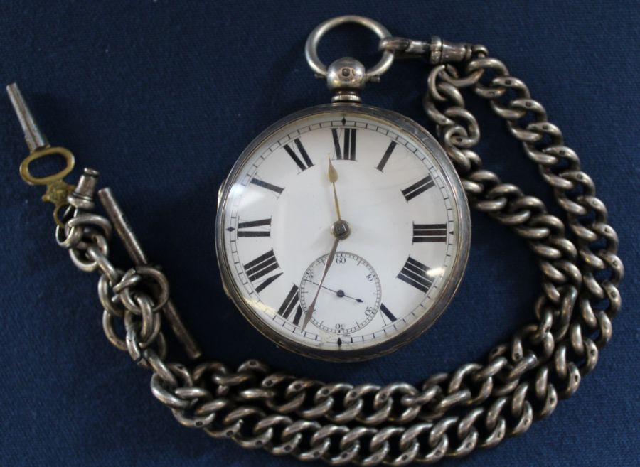 19th century silver cased open face pocket watch on heavy silver Albert chain with dog clip & T bar, - Image 2 of 5