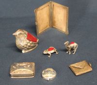 3 Victorian style silver pincushions, snuff box, pill pot & stamp holder all marked 925 &