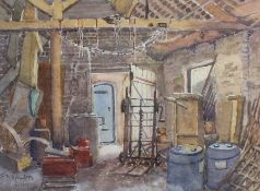 Framed watercolour depicting interior of a workshop with pan tiled roof, signed F D Robinson 6/11/02