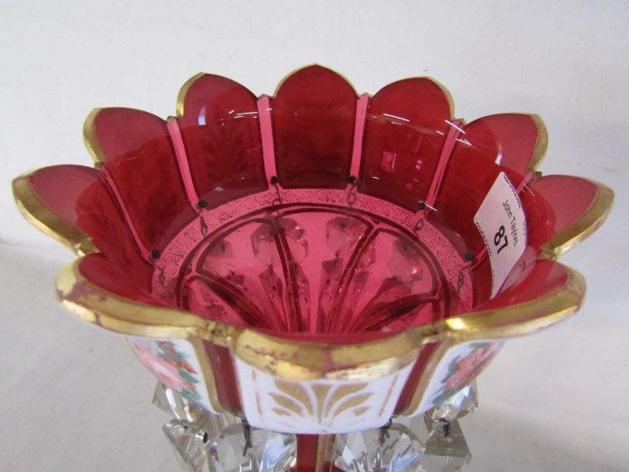 Pair of overlay cranberry lustres approx. 31cm high - gilding is worn in places, some chips to drops - Image 11 of 17