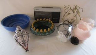 Large frog pattern dish and a blue Adderleys dish, Dyson car cleaning kit and a selection of light