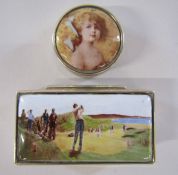 Silver pill box with enamel golfing scene to lid and small silver circular pot with enamel