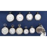 10 silver fob watches (6 marked 0.935) including one with niello decoration to case