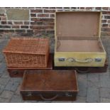 Four vintage suitcases & a wicker picnic hamper