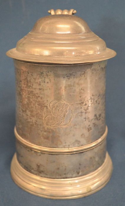 George II silver lidded ale tankard with monogram to handle ERS and later monogram JD? London1744 Ht - Image 4 of 6