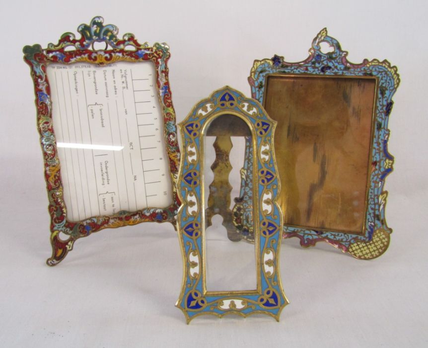 Set of 3 French cloisonné picture frames the largest being approx. 22cm tall (1without glass)