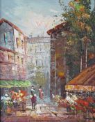 Small oil on board in gilt frame - unsigned - depicting market street approx. 28cm x 33cm (