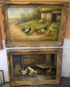 Pair of large modern oil on canvas paintings of chickens in farm yards signed Hemming in