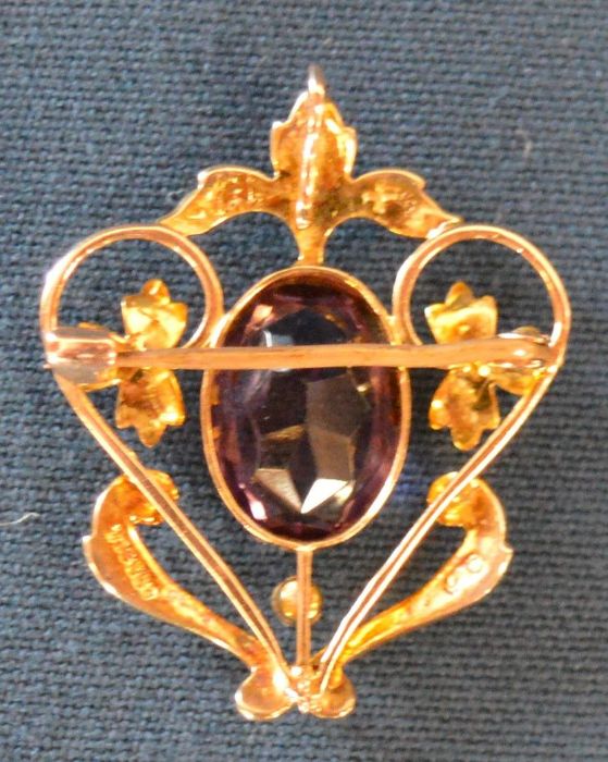 9ct gold amethyst & seed pearl brooch/pendant 4.1g - Image 2 of 2