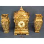 19th century presentation brass clock garniture (clock ht 41cm)