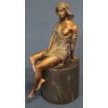 Bronze lady seated upon a marble plinth after J Patoue 27.5cm high