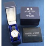 Mappin & Webb Quartz wristwatch with leather strap, original box & paperwork