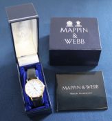 Mappin & Webb Quartz wristwatch with leather strap, original box & paperwork