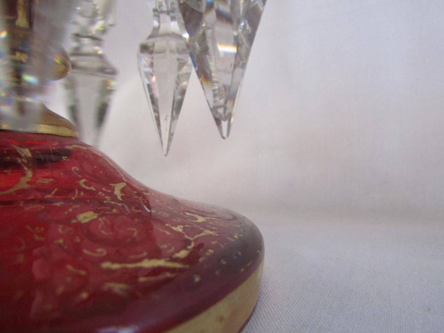 Pair of overlay cranberry lustres approx. 31cm high - gilding is worn in places, some chips to drops - Image 7 of 17