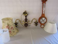 2 arm ceiling light, lamp shades and a Weathermaster barometer