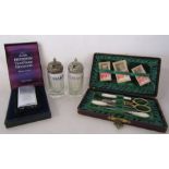 Ladies cased sewing kit with John James needle packs, 2 Glass Colman's condiment jars and a Ronson