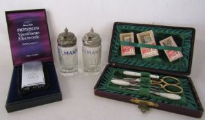 Ladies cased sewing kit with John James needle packs, 2 Glass Colman's condiment jars and a Ronson