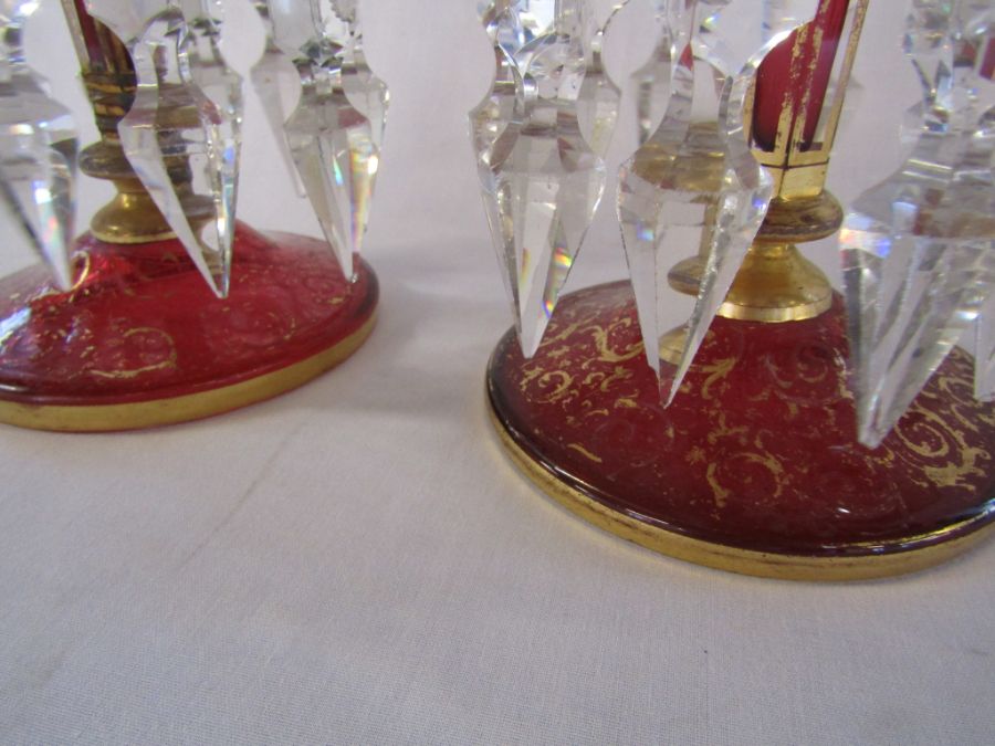 Pair of overlay cranberry lustres approx. 31cm high - gilding is worn in places, some chips to drops - Image 4 of 17