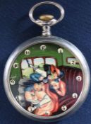 Erotic top wind open face pocket watch with painted dial indistinctly signed  (missing glass)