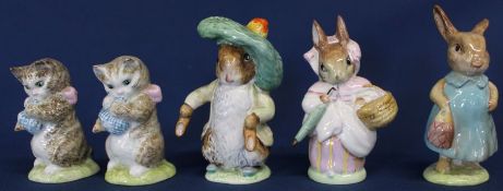 5 Beswick Beatrix Potter figurines Miss Moppet x 2 & Mrs Flopsy Bunny (gold back stamps) Mrs