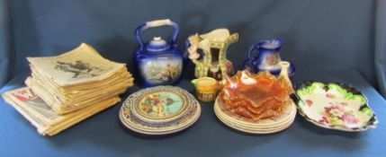 Selection of mixed ceramics including calendar plates, small jug & bowl, Carnival glass &