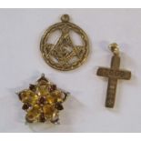 3 pendants - 9k QVC set with citrine, 9ct gold with Masonic design and 9ct gold cross Greenwich