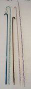 5 glass canes - blue glass plain walking stick, Shepherd's crook amber glass spirally moulded, clear