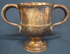 George II silver two handled cup engraved with a coat of arms & monogram MH to handle. London 1751