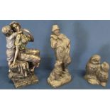 3 bronze effect figures:- Mother & Child, 2 owls & Shepherd feeding a lamb