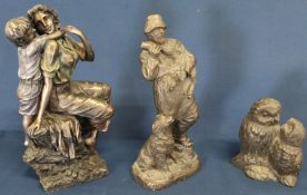 3 bronze effect figures:- Mother & Child, 2 owls & Shepherd feeding a lamb