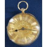 18ct gold open face key wind fob watch with engine turned face (dia. 4cm)