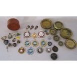 Collection of pin badges and medals from RAF, some Robertsons' Golly pin badges, brass weights etc
