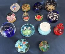 Selection of modern paperweights & blue millefiori glass vase